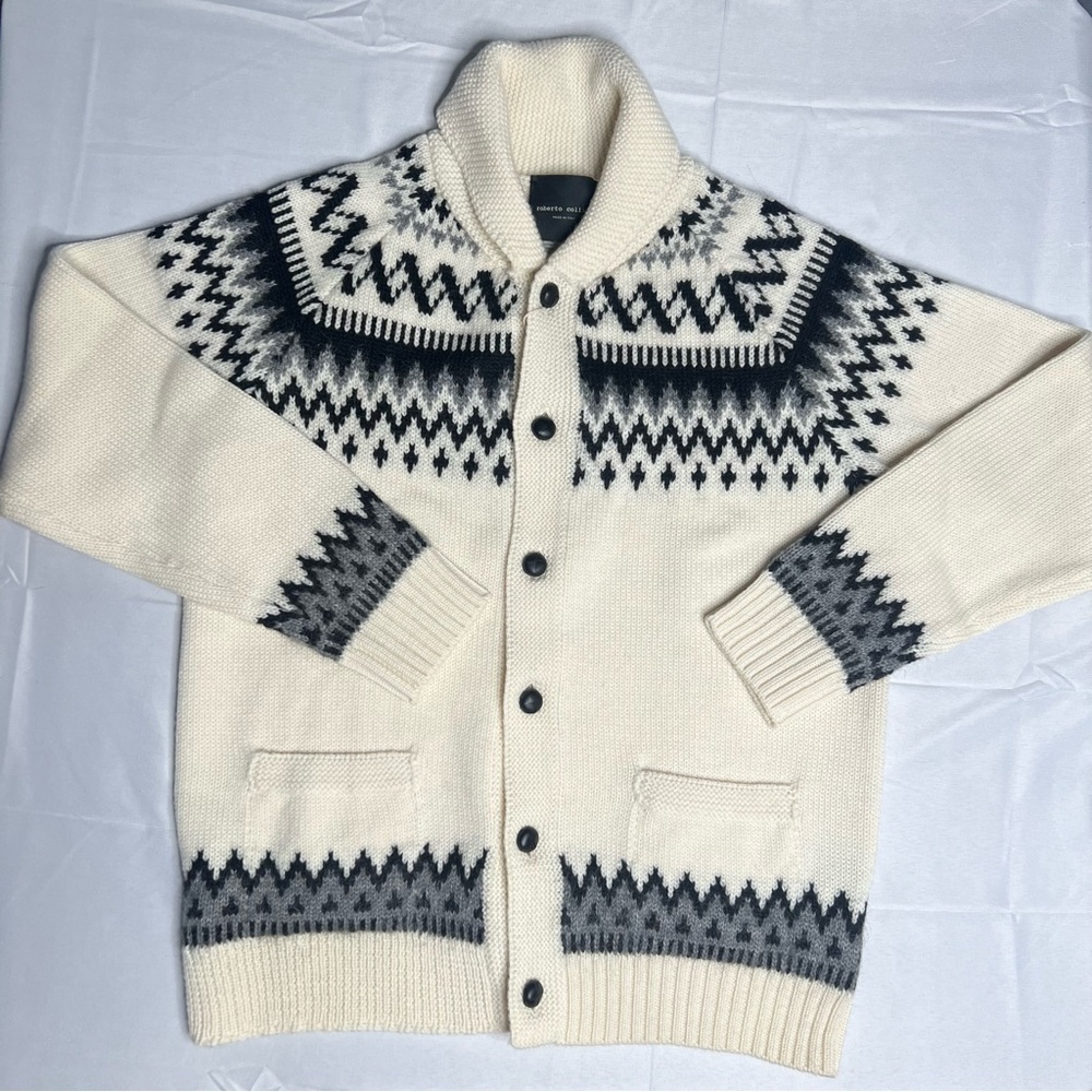 Roberto Collina Italian luxury Lana Merino Wool Fair Isle Sweater Cardigan EU 48